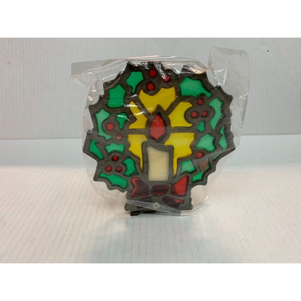 Vtg Christmas cast iron stained glass votive candle holder wreath Tiffany Style - Picture 2 of 8